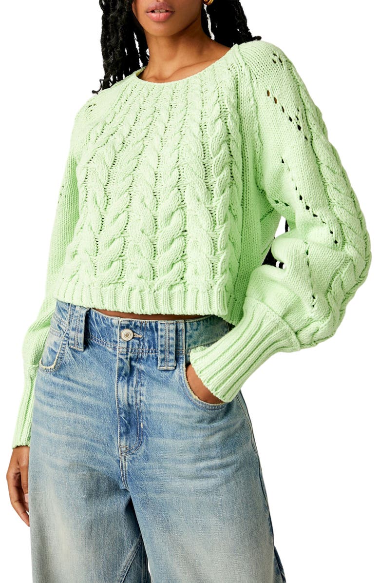 Free People Sandre Cable Stitch Pullover Sweater, Main, color, Green Light