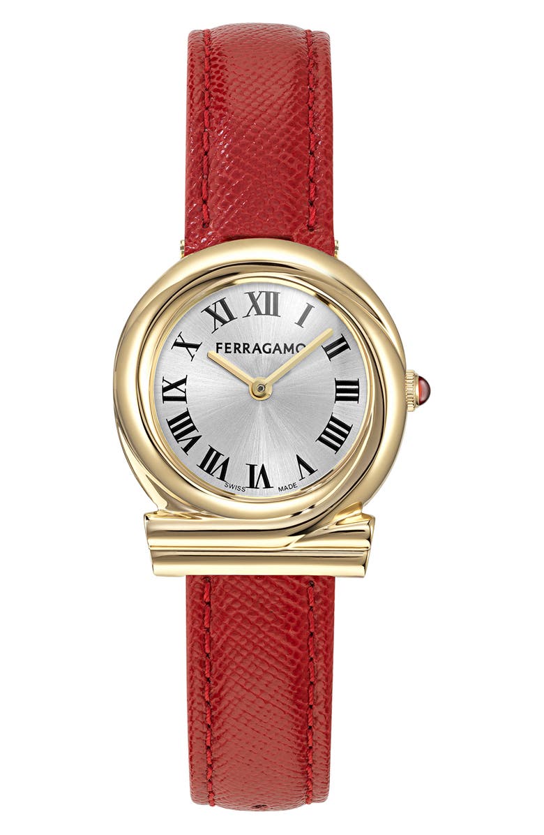 FERRAGAMO Gancini Twisted Leather Strap Watch, 28mm, Main, color, 