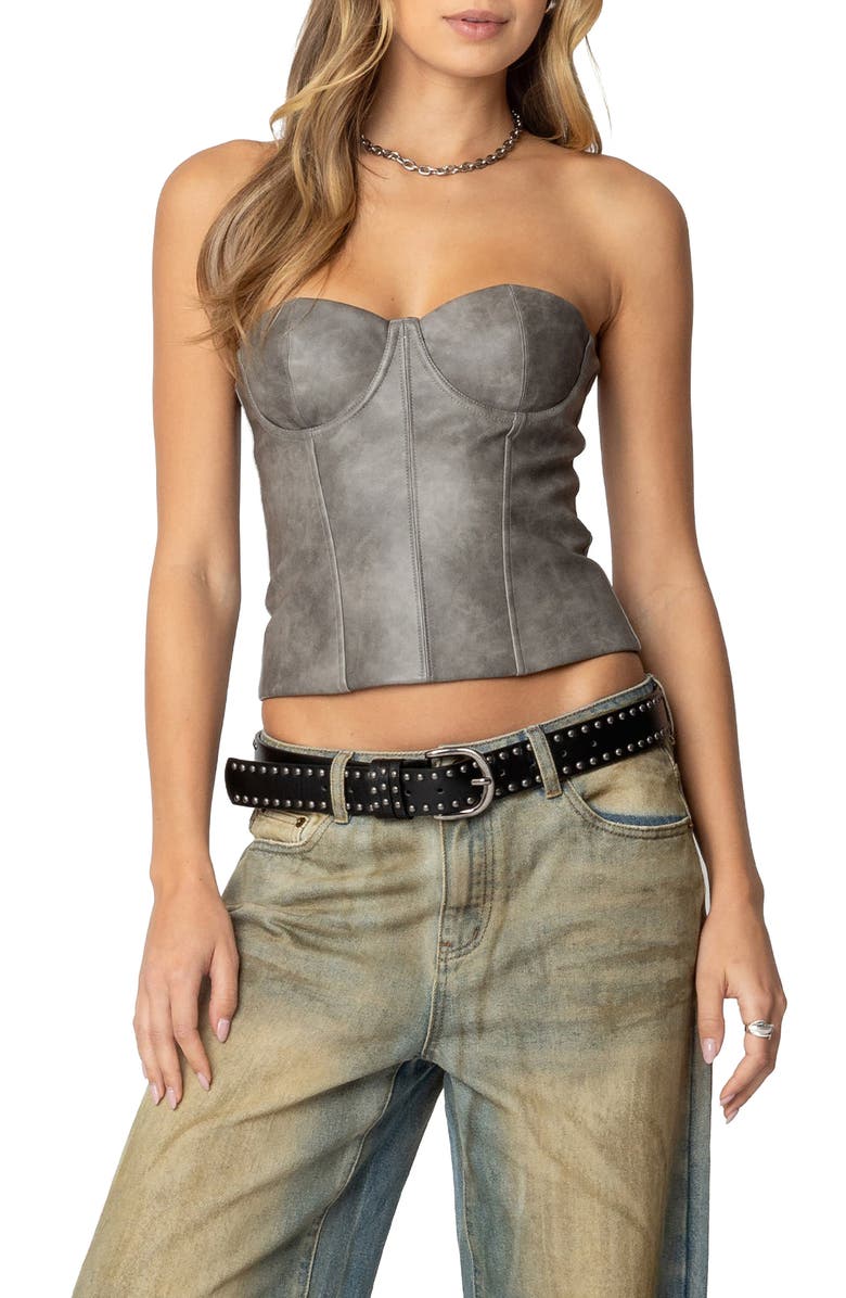 EDIKTED Sulivan Strapless Faux Leather Crop Top, Main, color, Gray-Washed