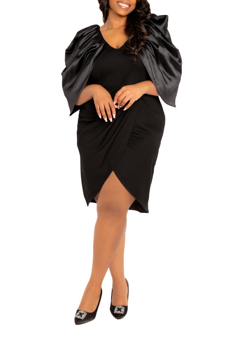 Satin Drape Sleeve Sheath Dress, Alternate, color, BLACK