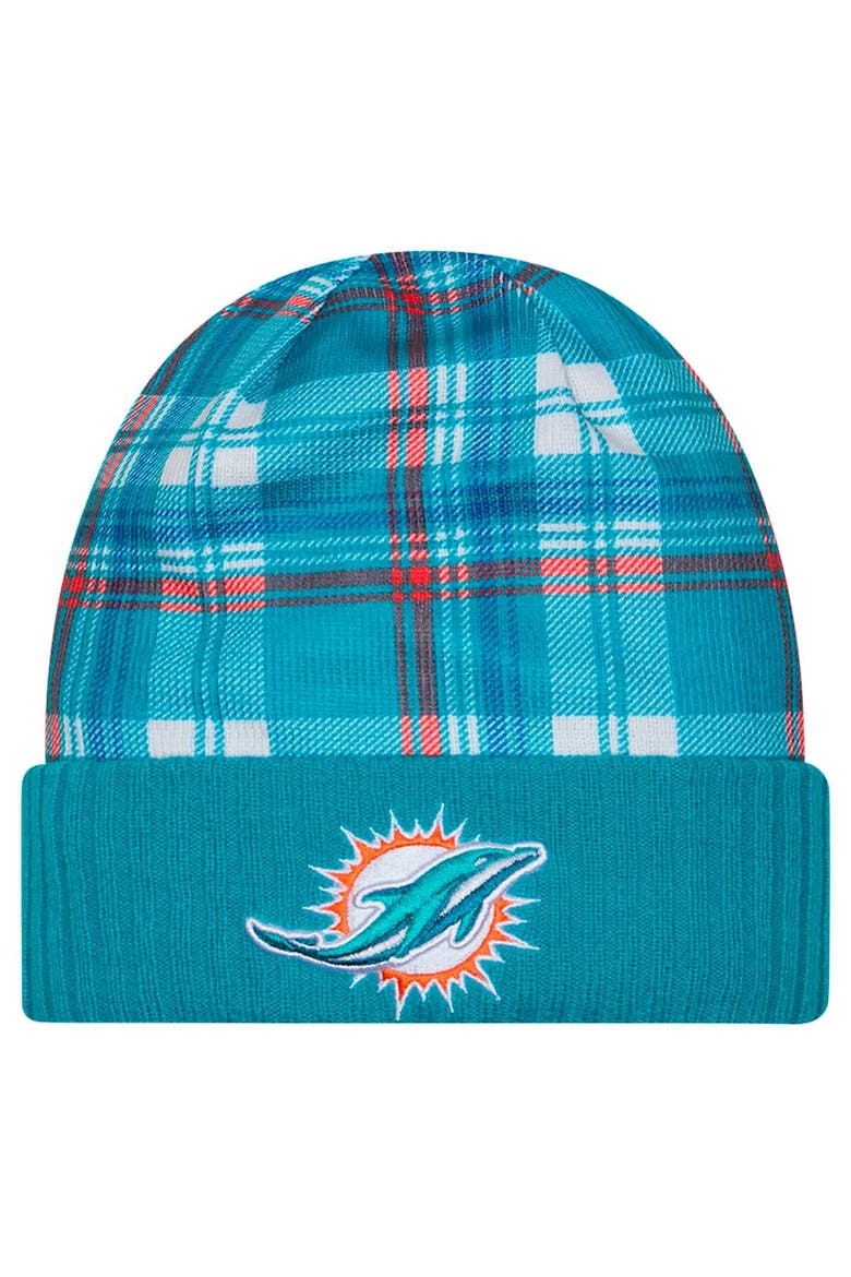 Men's New Era  Aqua Miami Dolphins Sideline Statement Cuffed Knit Hat, Main, color, Aqua