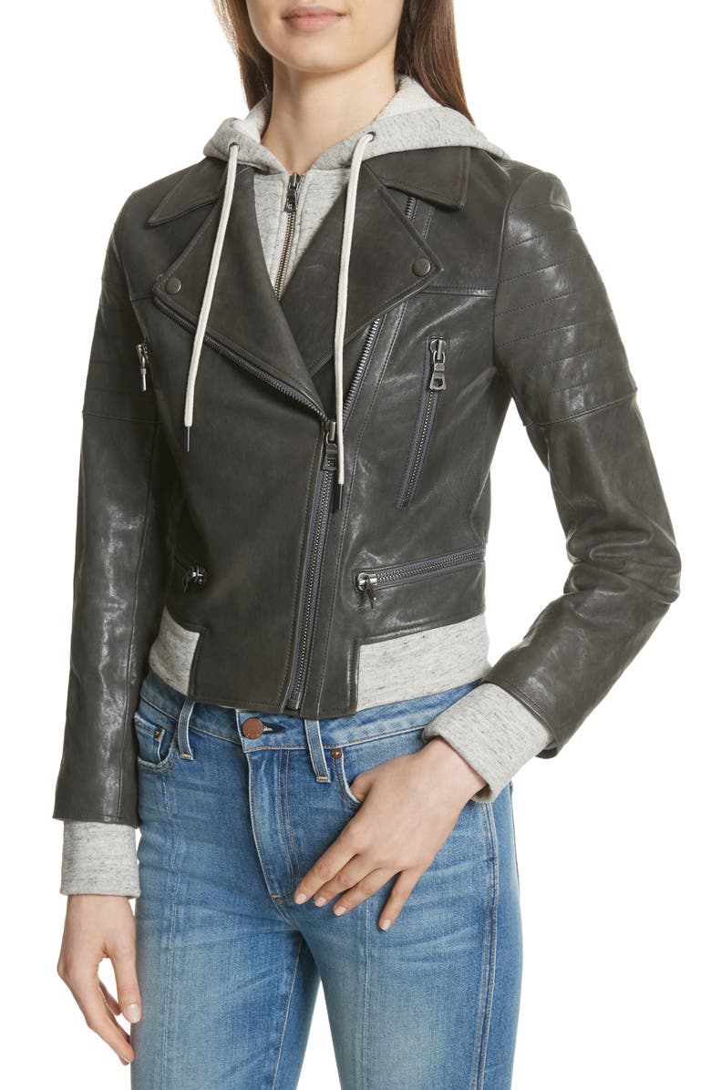 Alice + Olivia Avril Hooded Combo Leather Jacket, Alternate, color, 