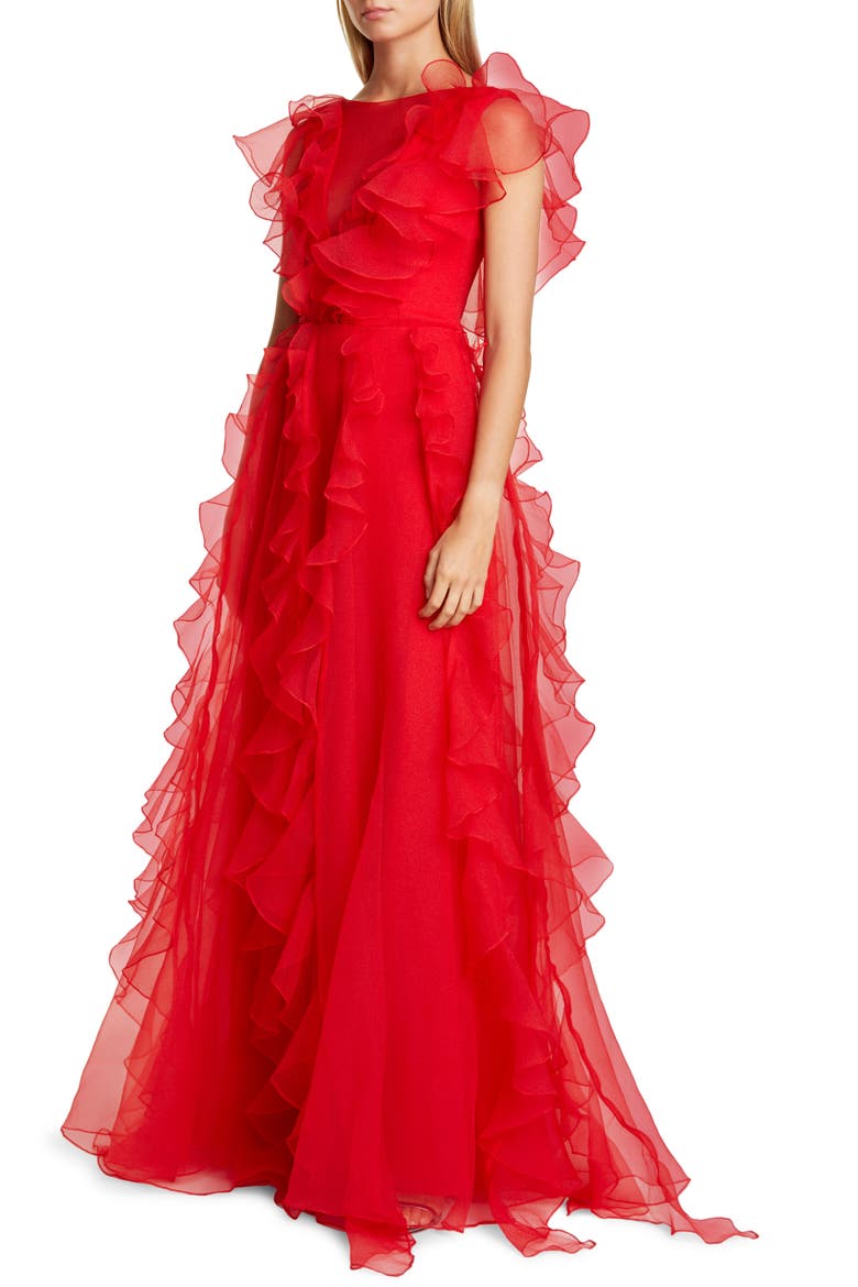 Colima Ruffle Organza Ballgown, Main, color, RED