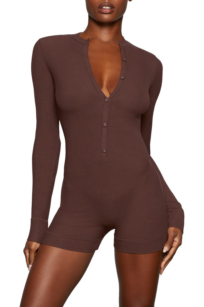 Soft Lounge Long Sleeve Henley Romper Pajamas, Main, color, COCOA