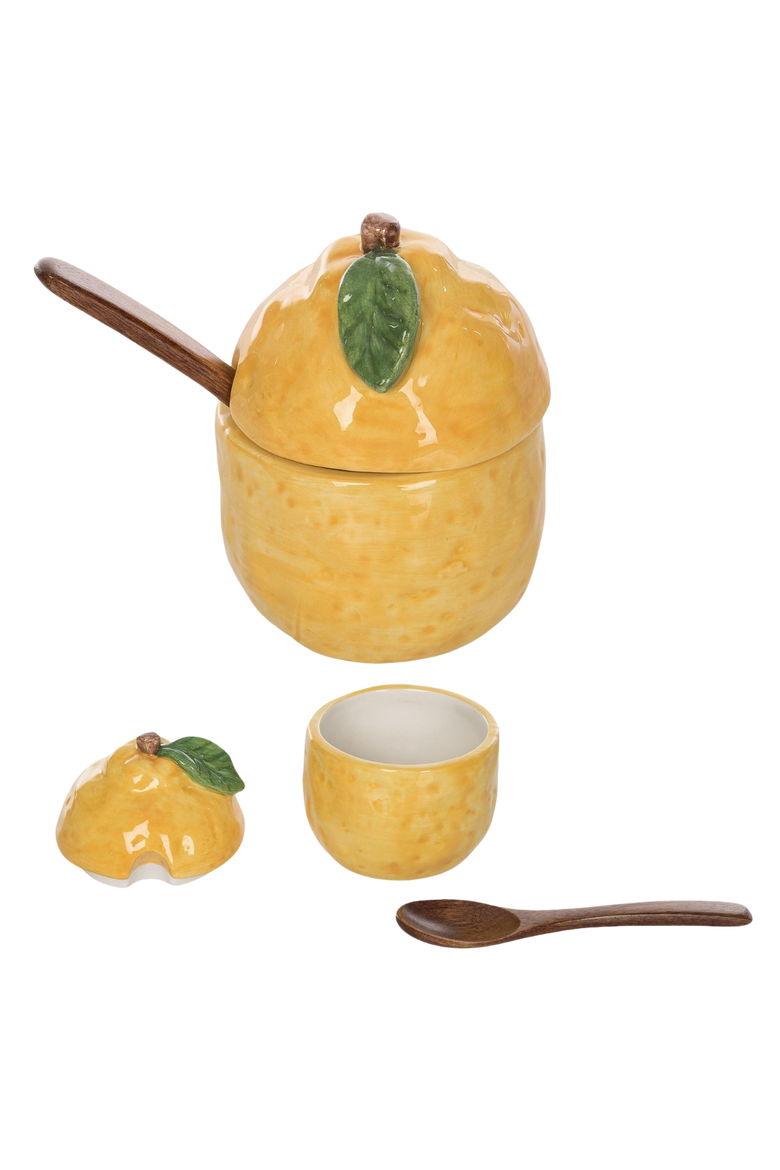 Ceramic Lemon Sugar Dish with Wood Spoon, Multicolor Dolomite, 4x3x3in, Spring Home Decor, Decorative Tabletop Object, Main, color, Multi