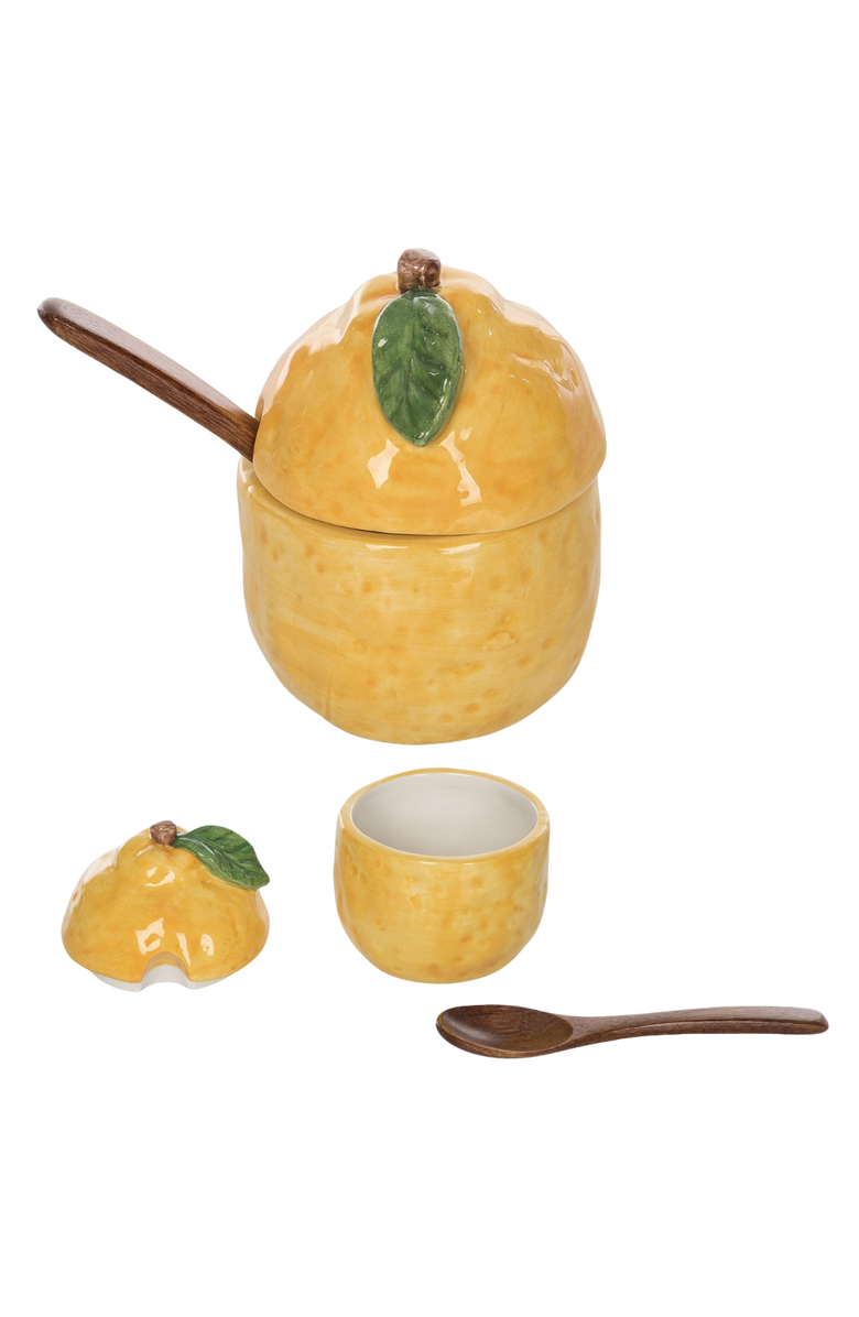 Transpac Ceramic Lemon Sugar Dish with Wood Spoon, Multicolor Dolomite, 4x3x3in, Spring Home Decor, Decorative Tabletop Object, Main, color, Multi