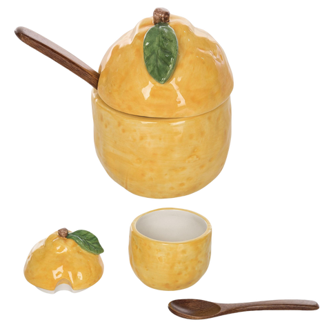 Ceramic Lemon Sugar Dish with Wood Spoon, Multicolor Dolomite, 4x3x3in, Spring Home Decor, Decorative Tabletop Object