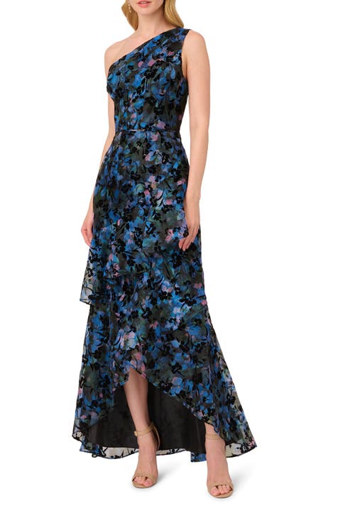 Floral Flocked Velvet One-Shoulder High-Low Gown