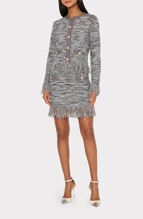 Milly Kaia Fringe Tweed Cardigan (Petite)