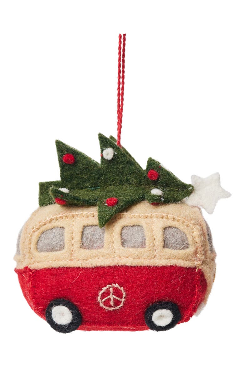 Felted Wool Christmas Tree Hippie Bus Ornament, Main, color, RED