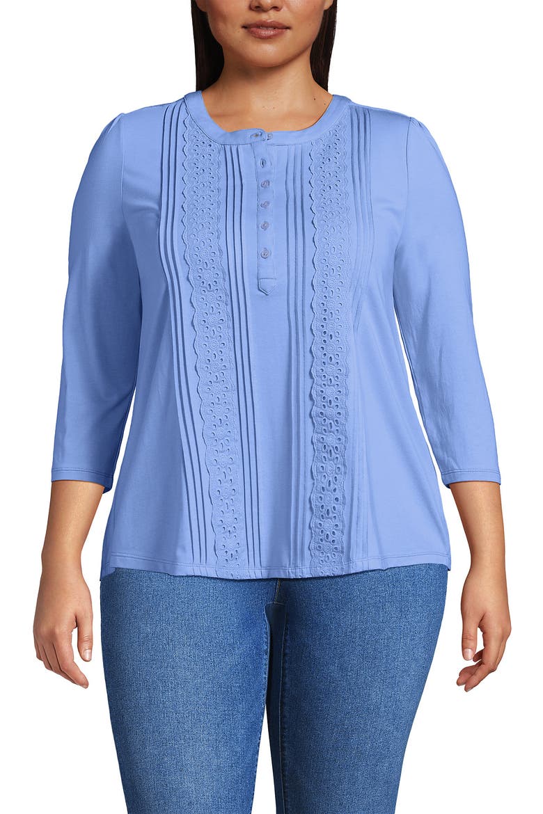 Plus Size 3/4 Sleeve Lightweight Jersey Embellished Top, Main, color, Clear Blue Sky