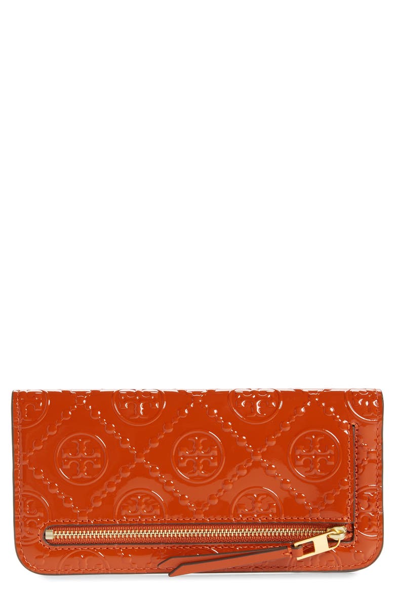 Tory Burch T Monogram Embossed Patent Leather Slim Zip Wallet, Main, color, 