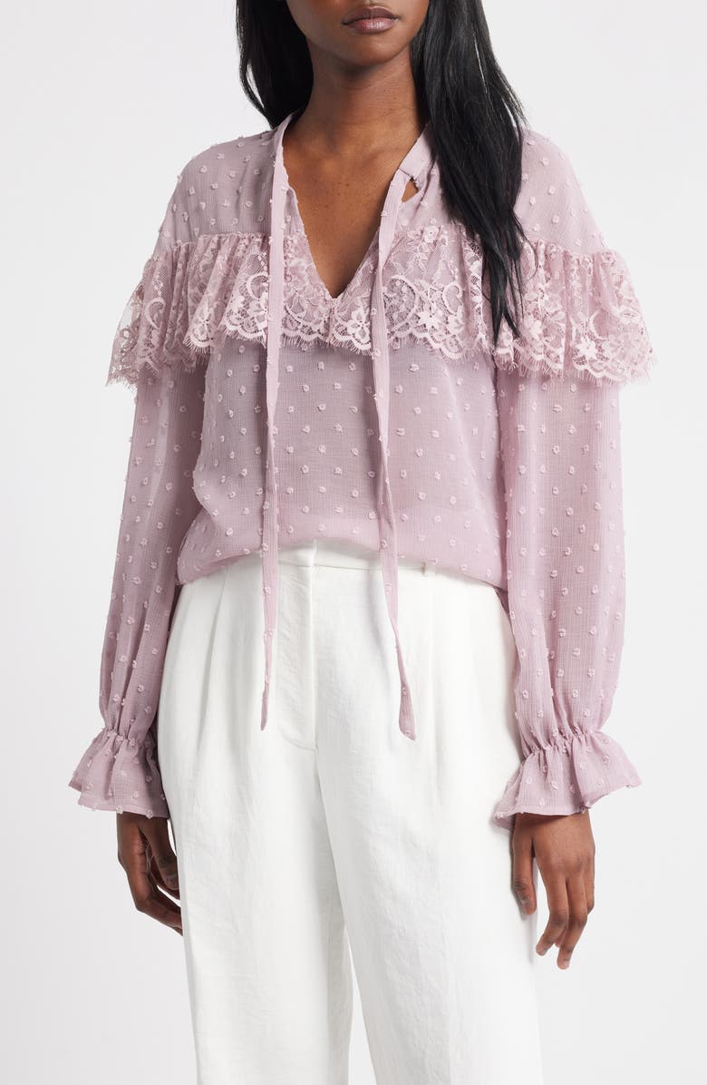 Lipsy Lace Frill Clip Dot Top, Main, color, Purple