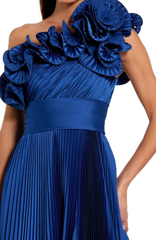 Mac Duggal Pleated Charmeuse One Shoulder Ruffle Gown In Blue