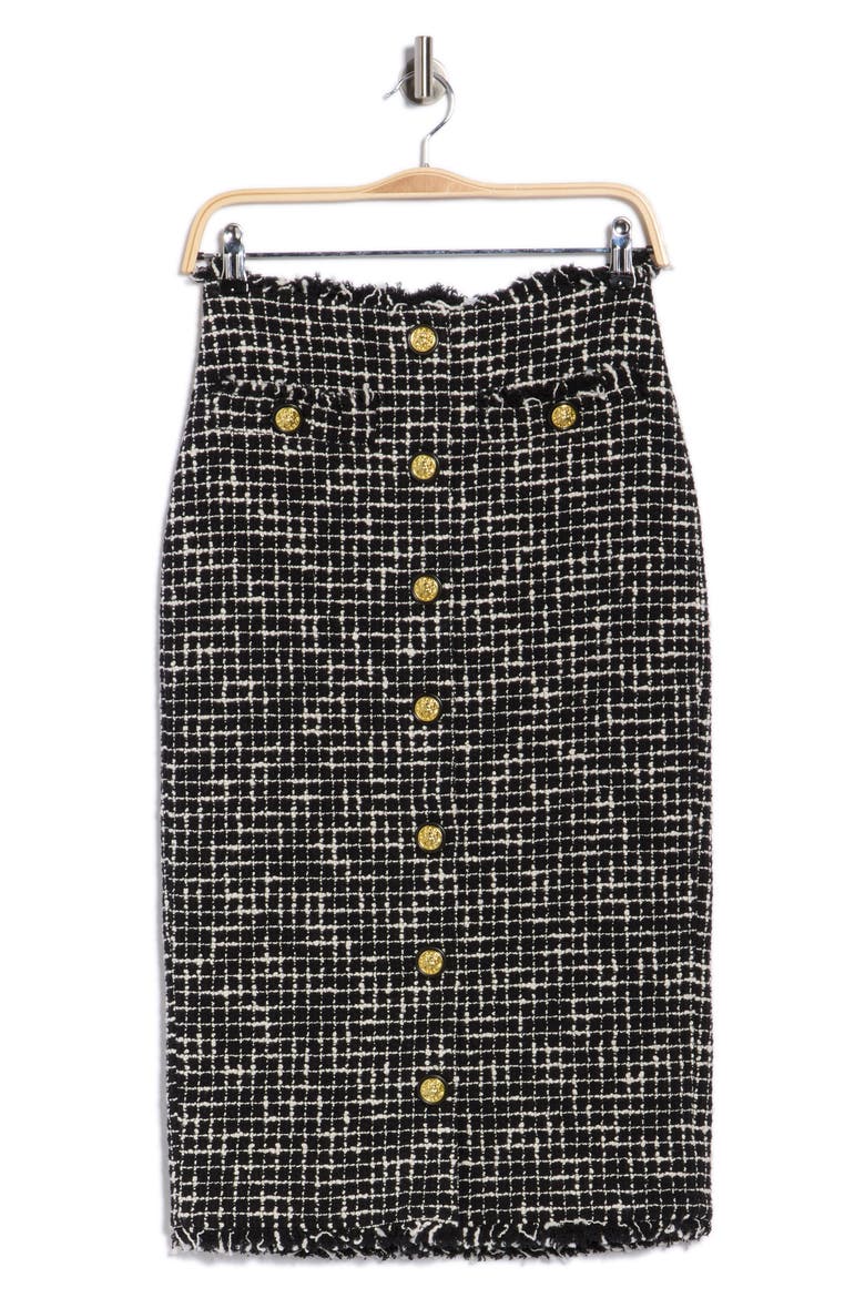 Tai Snap Front Tweed Midi Skirt, Alternate, color, BLACK/ ECRU