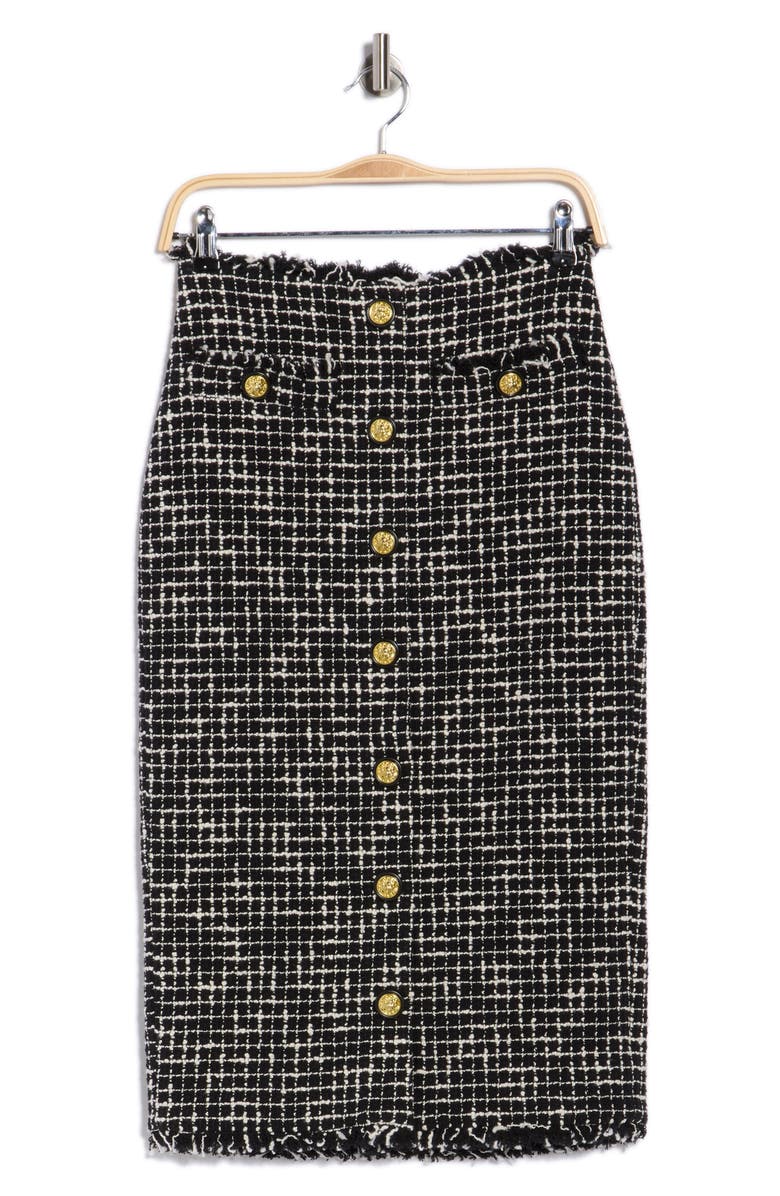 L'AGENCE Tai Snap Front Tweed Midi Skirt, Main, color, Black/ Ecru