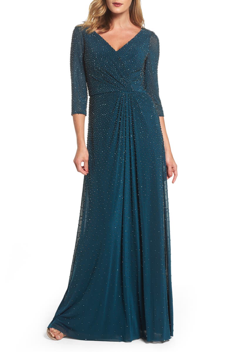 La Femme Beaded Twist Knot Waist Gown, Main, color, 