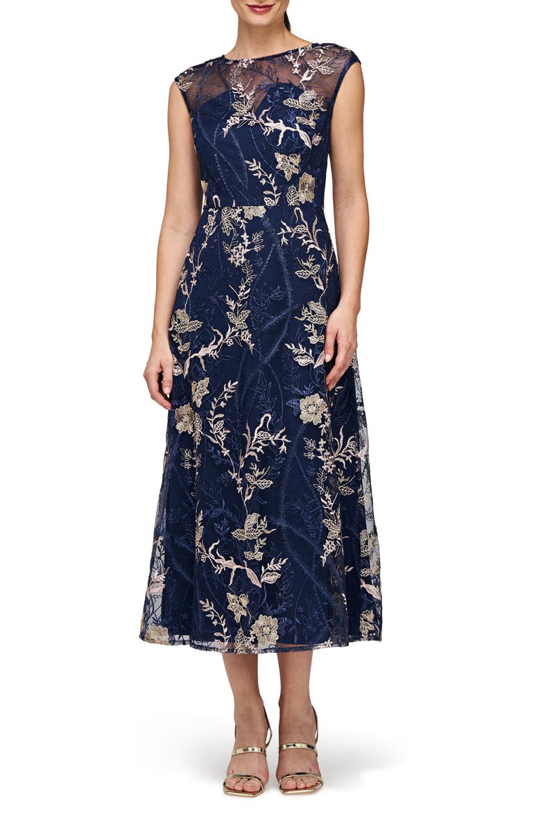 JS Collections Brynn Floral Embroidered Mesh Dress, Main, color, Navy/ Blush