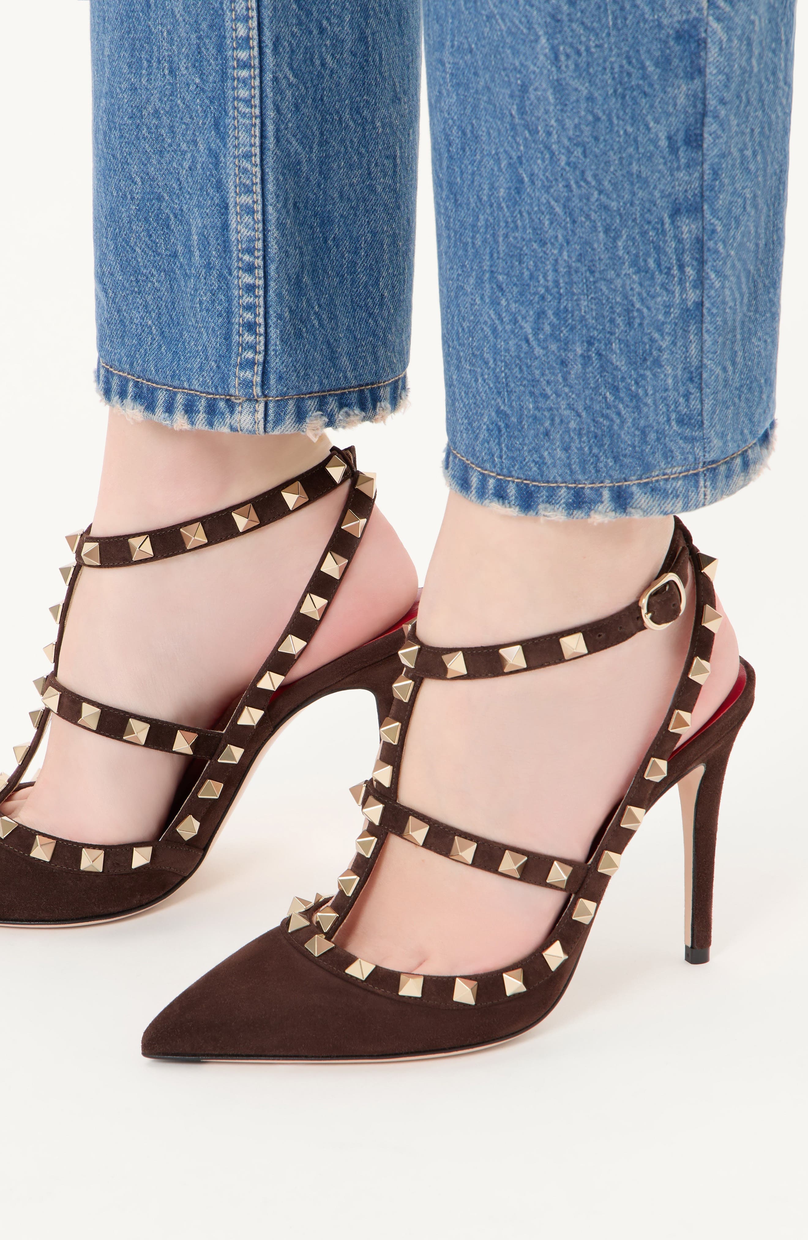 Valentino Rockstud Pointed Toe Ankle Strap Pump, Alternate, color, Brown