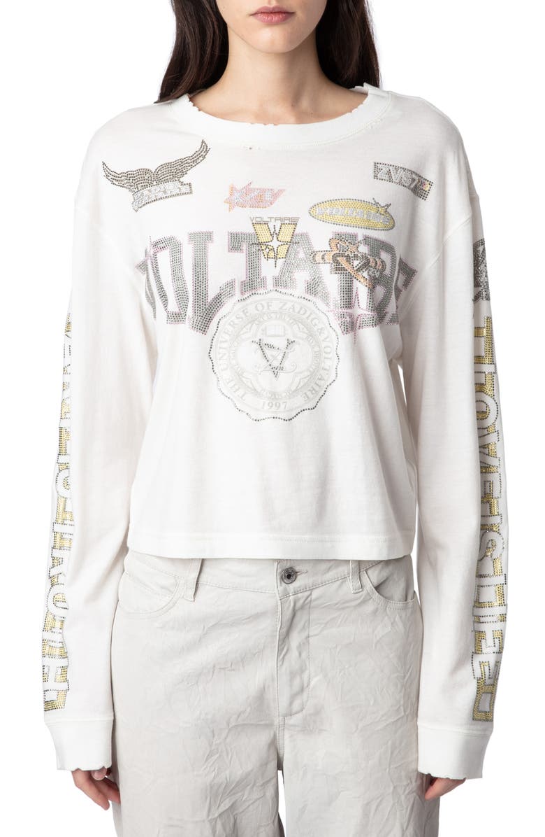 Zadig & Voltaire Rhinestone Logo Long Sleeve Cotton T-Shirt, Main, color,