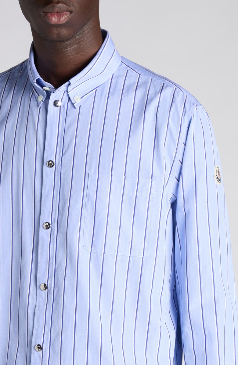 Moncler Logo Patch Stripe Cotton Poplin Button-Down Shirt, Alternate, color, Light Blue