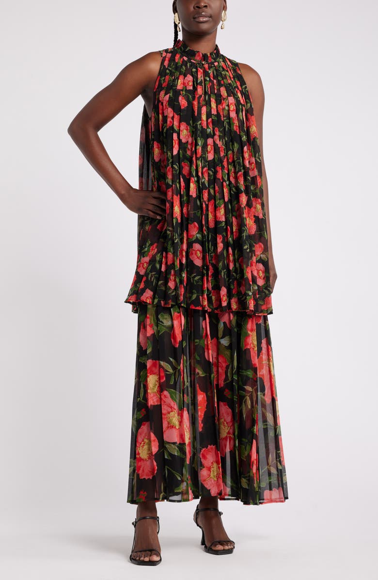 Nordstrom x Harlem's Fashion Row Harbison Floral Long Sleeve Pleat Maxi Dress, Main, color, Black- Red Poppy Float