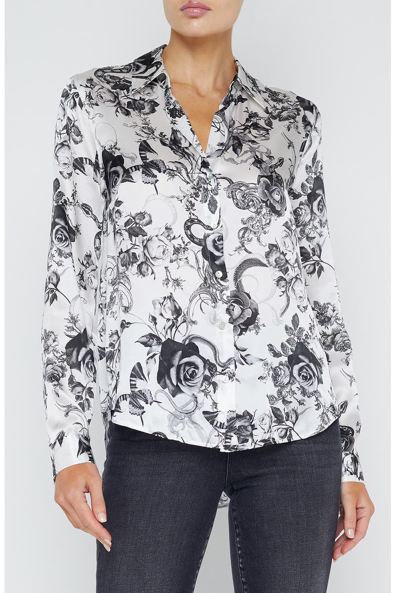 Tyler Floral Print Woven Silk Shirt, Main, color, WHITE/ BLACK BAROQUE FLORAL