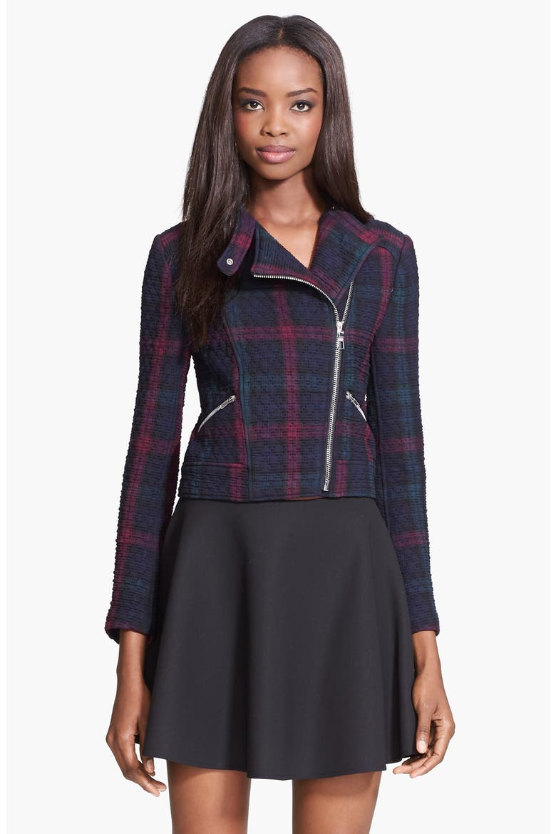 'Patti' Plaid Quilted Moto Jacket, Main, color, WINE