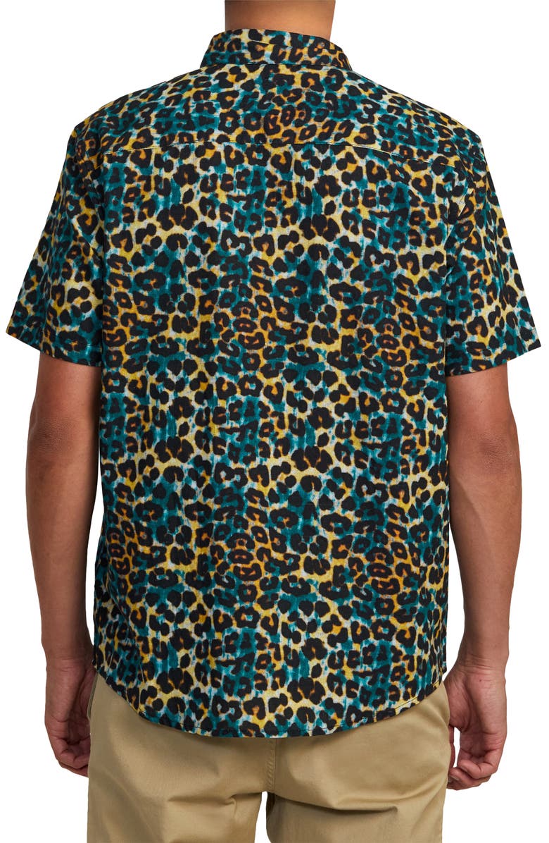 RVCA Cheeter Leopard Print Short Sleeve Cotton Button-Up Shirt, Alternate, color, 