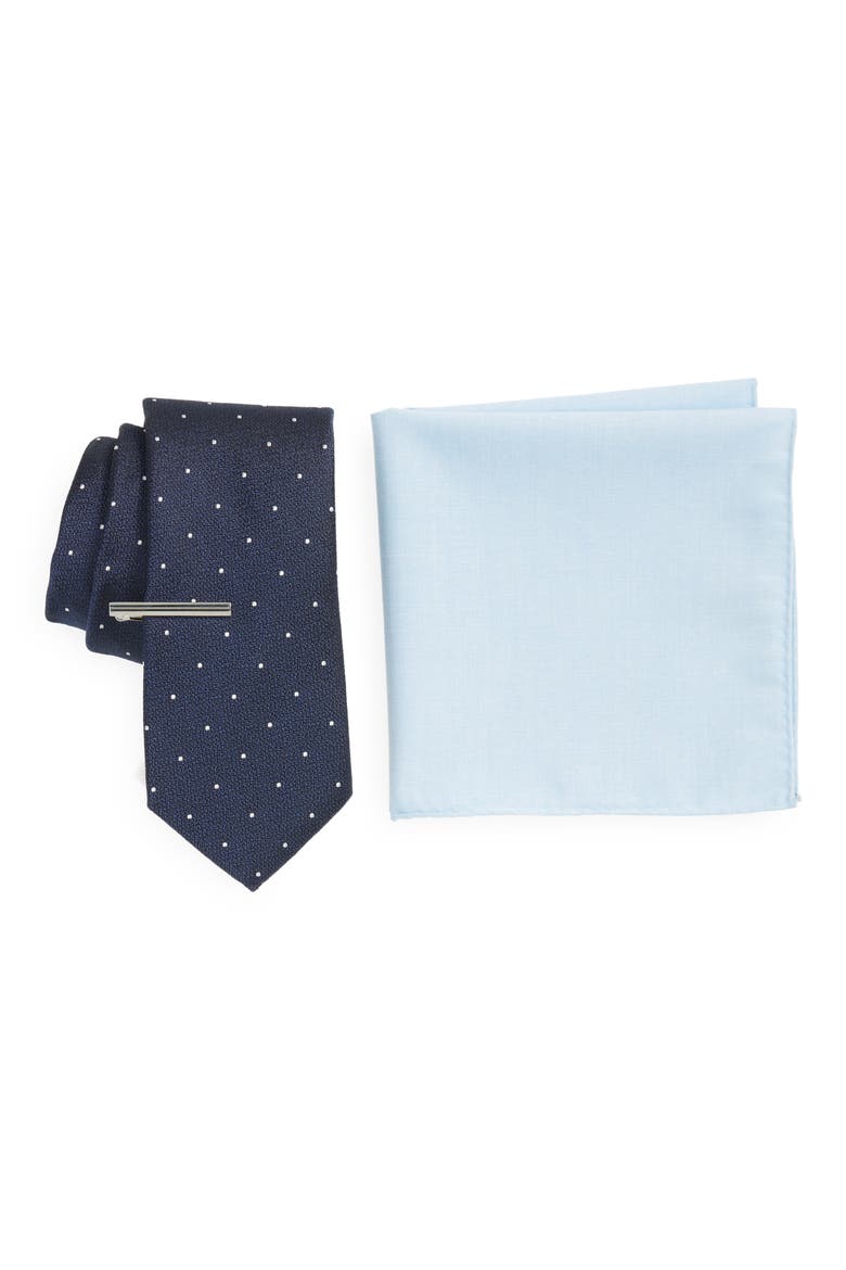 Dot Silk Tie, Silk Pocket Square & Tie Bar Set, Main, color, NAVY