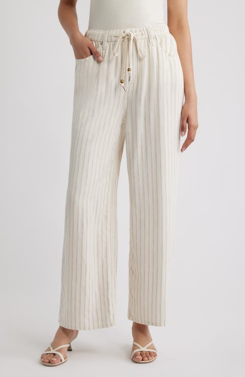 Stripe Drawstring High Waist Wide Leg Jeans (Cream)