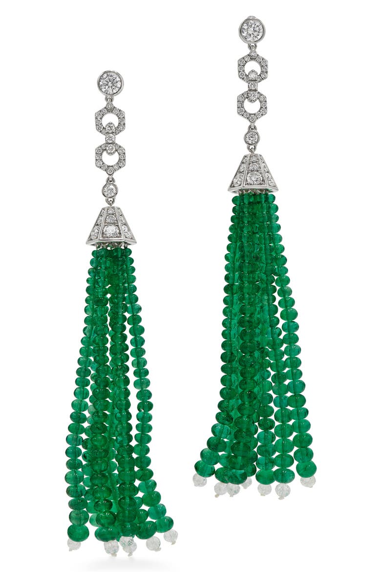 Emerald Bead & Diamond Drop Earrings, Main, color, WHITE GOLD