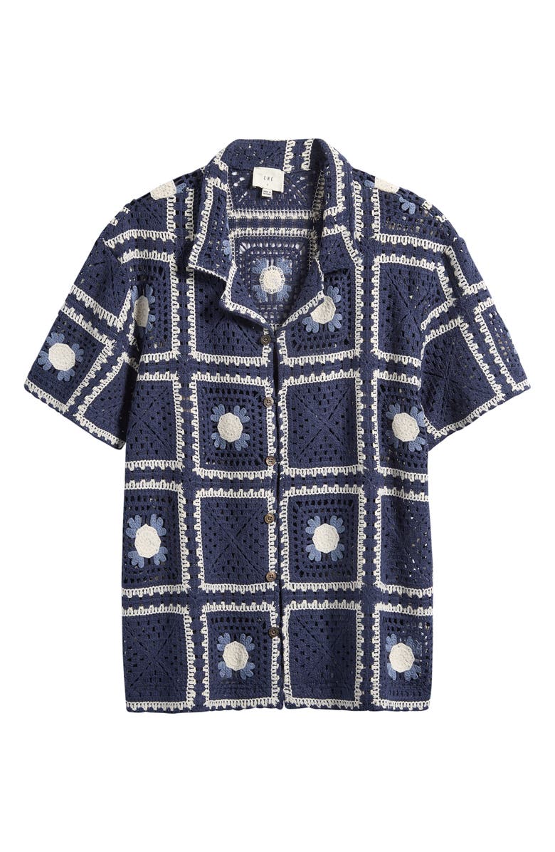 CHÉ Tejer Crochet Camp Shirt, Main, color, Navy