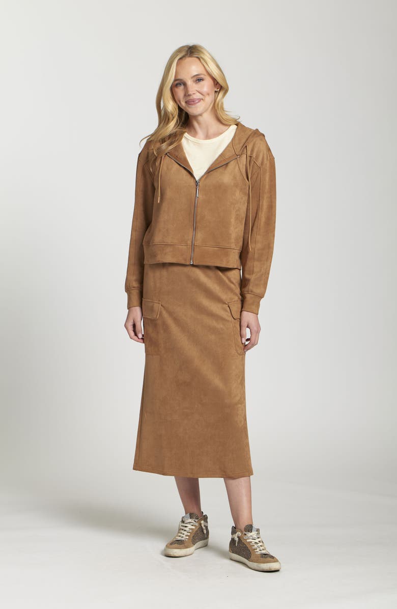 APNY Faux Suede Cargo Midi Skirt, Alternate, color, Caramel