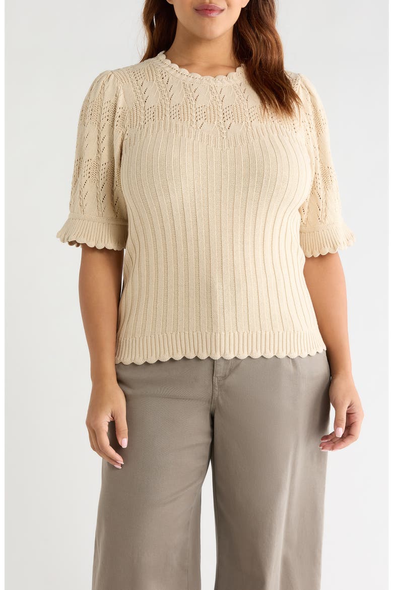Frill Sleeve Mixed Stitch Cotton Blend Sweater, Main, color, DEEP MACADAMIA