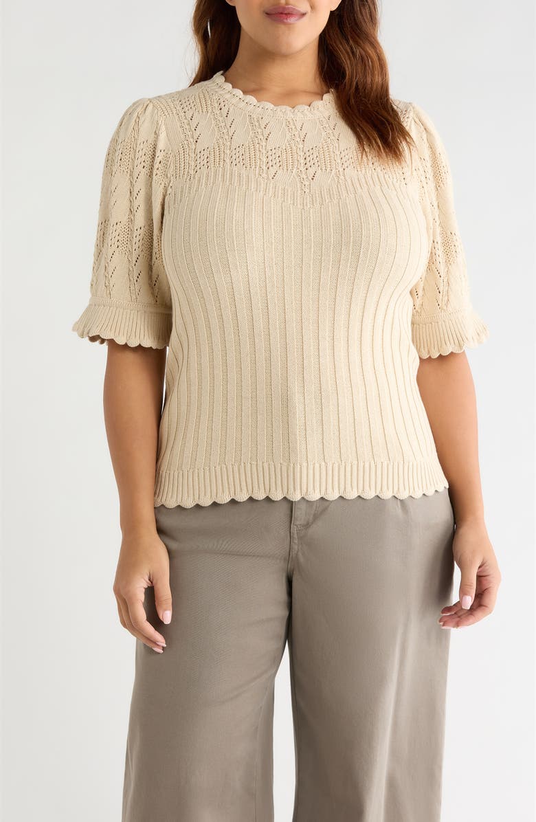 Wit & Wisdom Frill Sleeve Mixed Stitch Cotton Blend Sweater, Main, color, Deep Macadamia