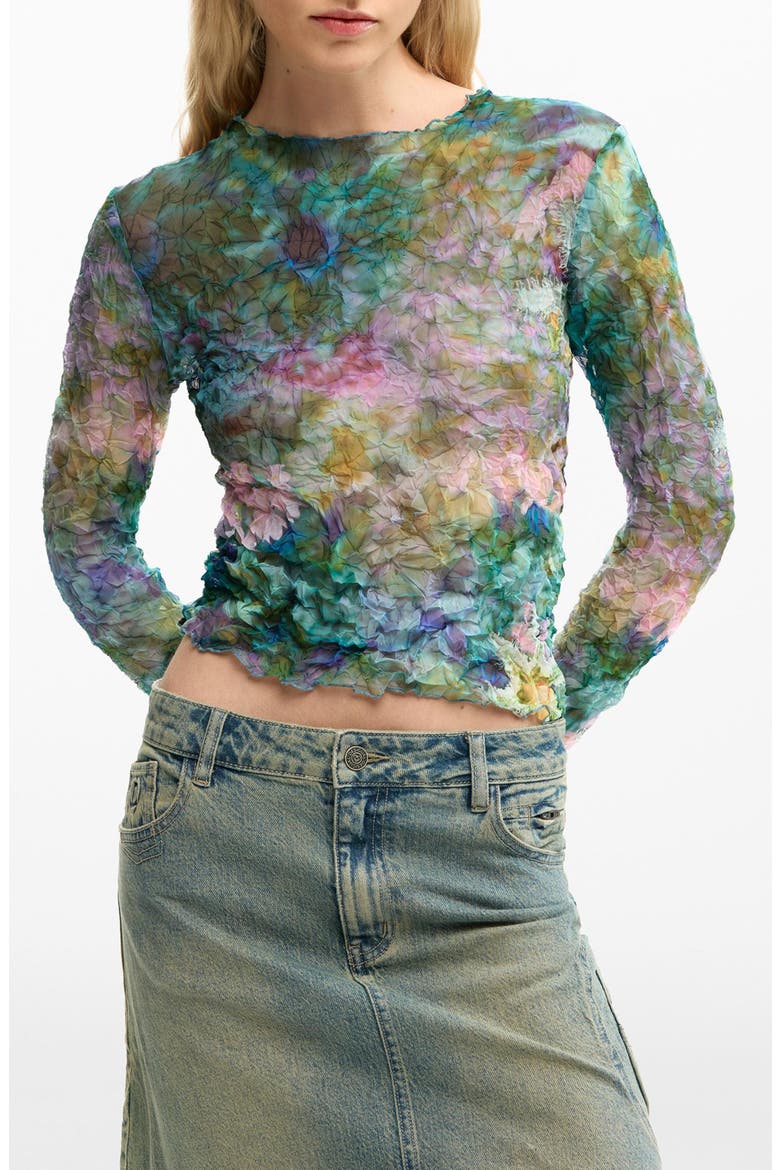 Crinkle Long Sleeve Crop Top, Main, color, BLUE