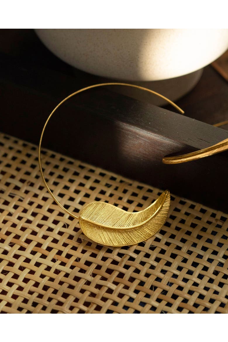 Gold Feather Pull Through Hoop Earrings, Alternate, color, Brass