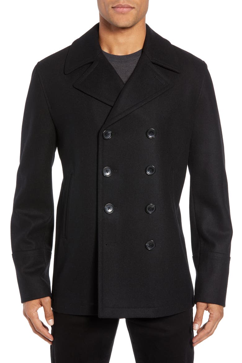 Wool Blend Double Breasted Peacoat, Main, color, BLACK