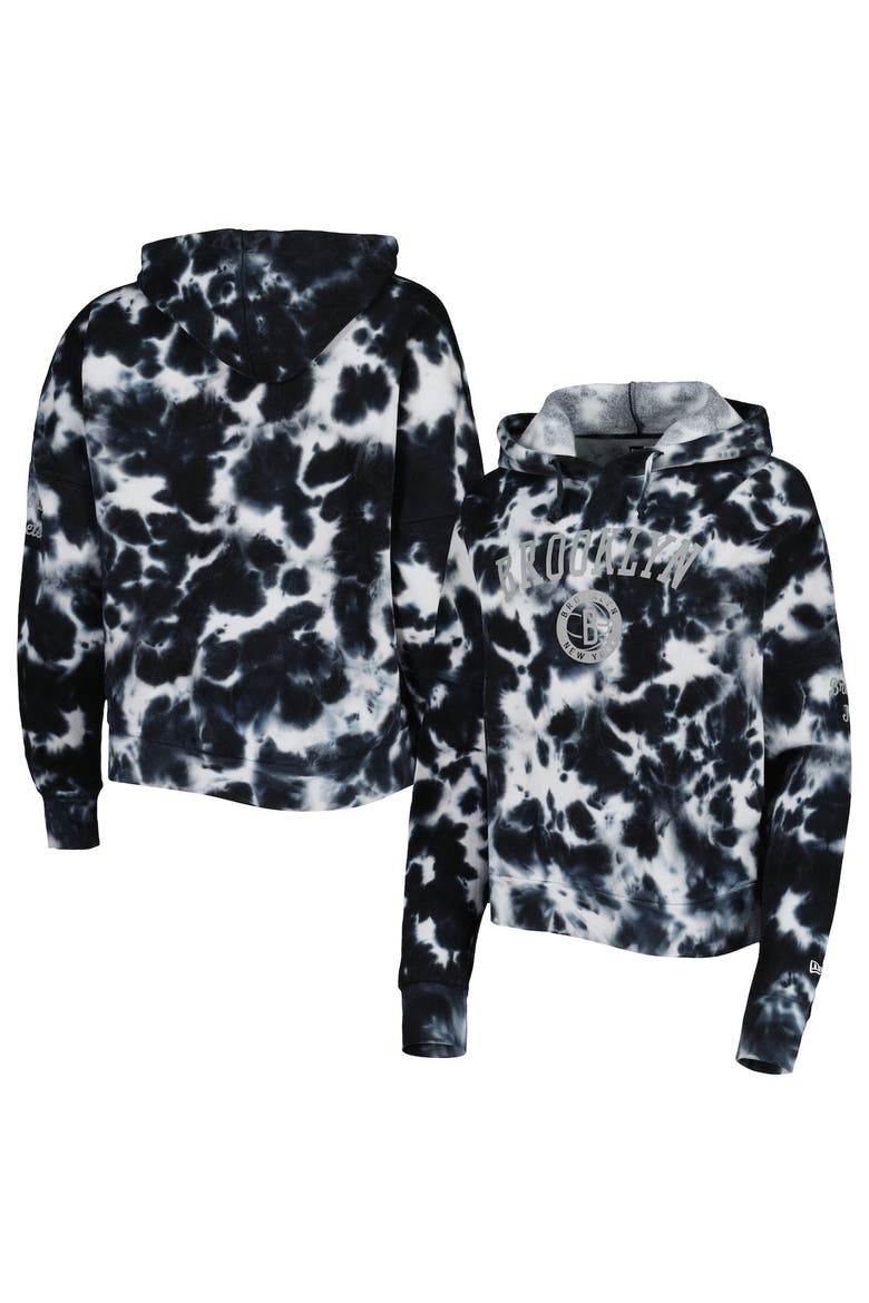 Women's New Era Black Brooklyn Nets Brushed Cotton Tie-Dye Pullover Hoodie, Main, color, Black