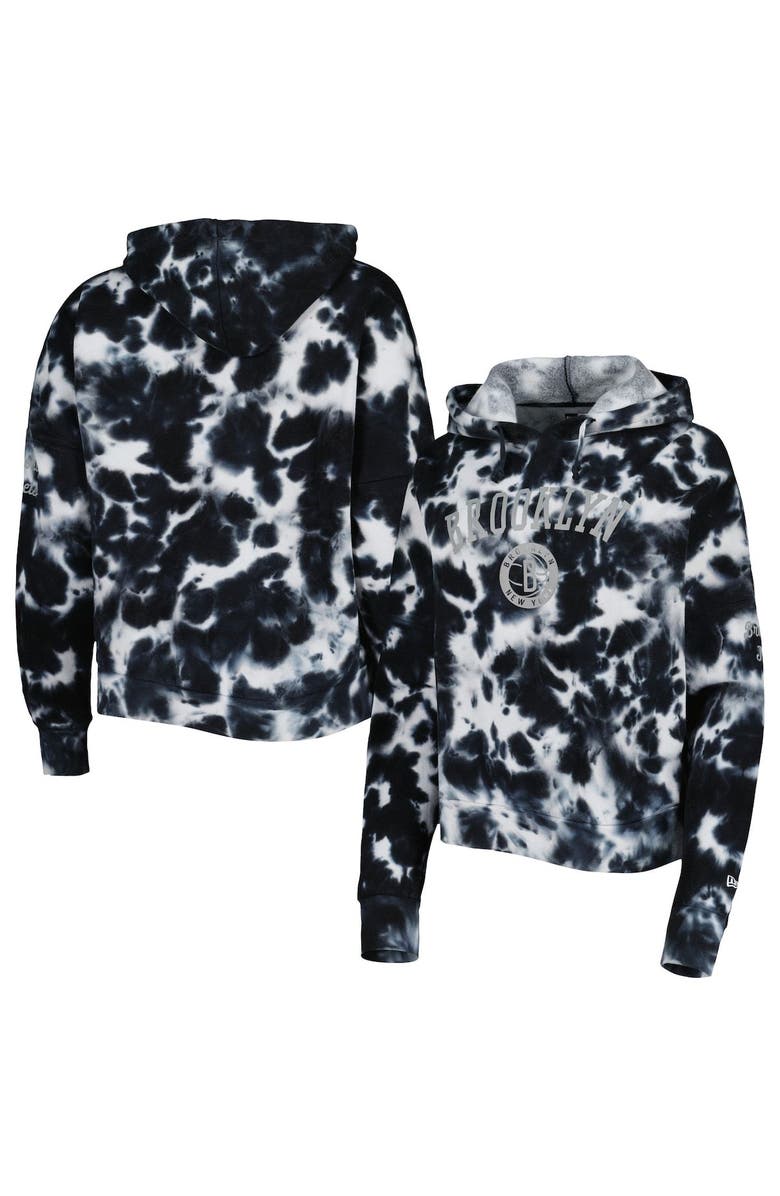 New Era Women's New Era Black Brooklyn Nets Brushed Cotton Tie-Dye Pullover Hoodie, Main, color, Black