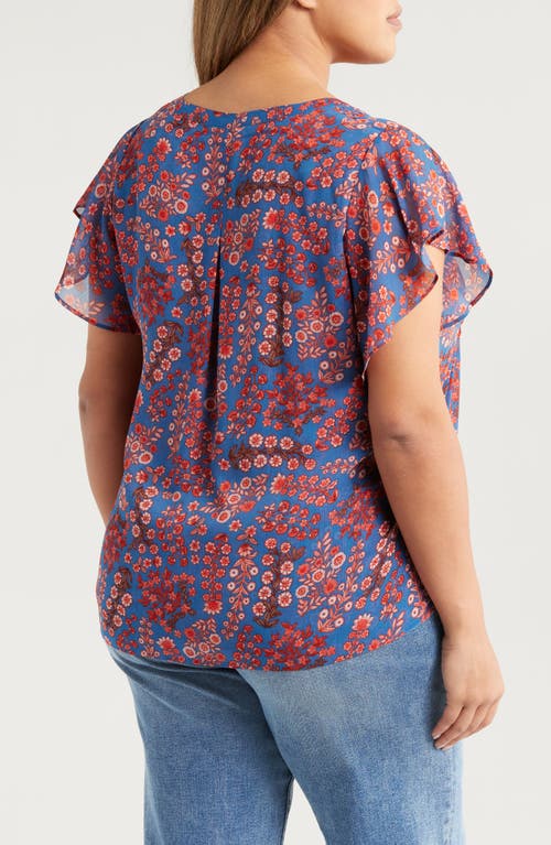 Liverpool Los Angeles Floral Print Pintuck Flutter Sleeve Top In Blue Pink Floral
