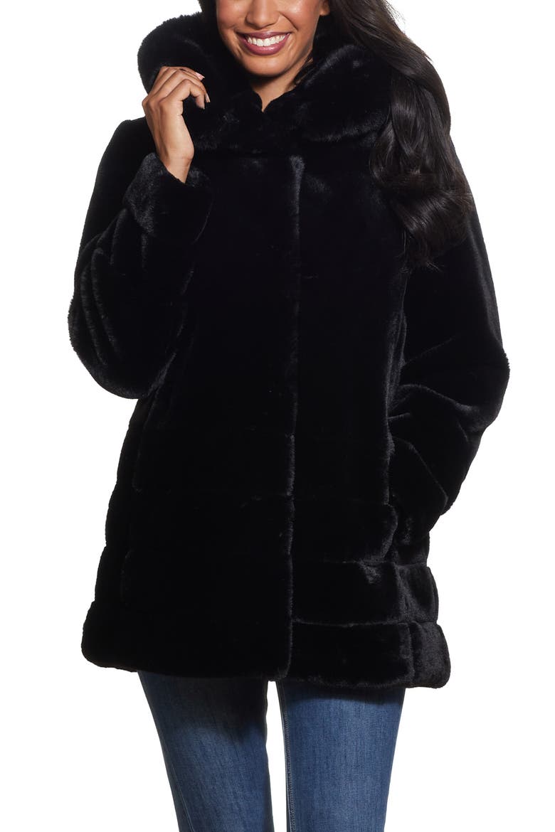 Hooded Faux Fur Coat, Main, color, BLACK