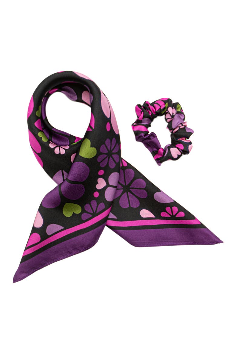 spade clover patchwork silk hair tie, Main, color, BLACK