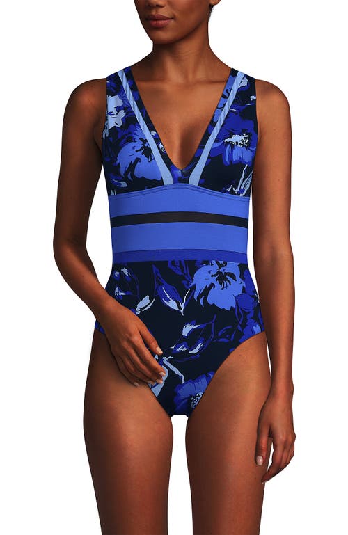 Lands' End Mesh Plunge High Leg One Piece Swimsuit In Blue Multi Abstract Floral