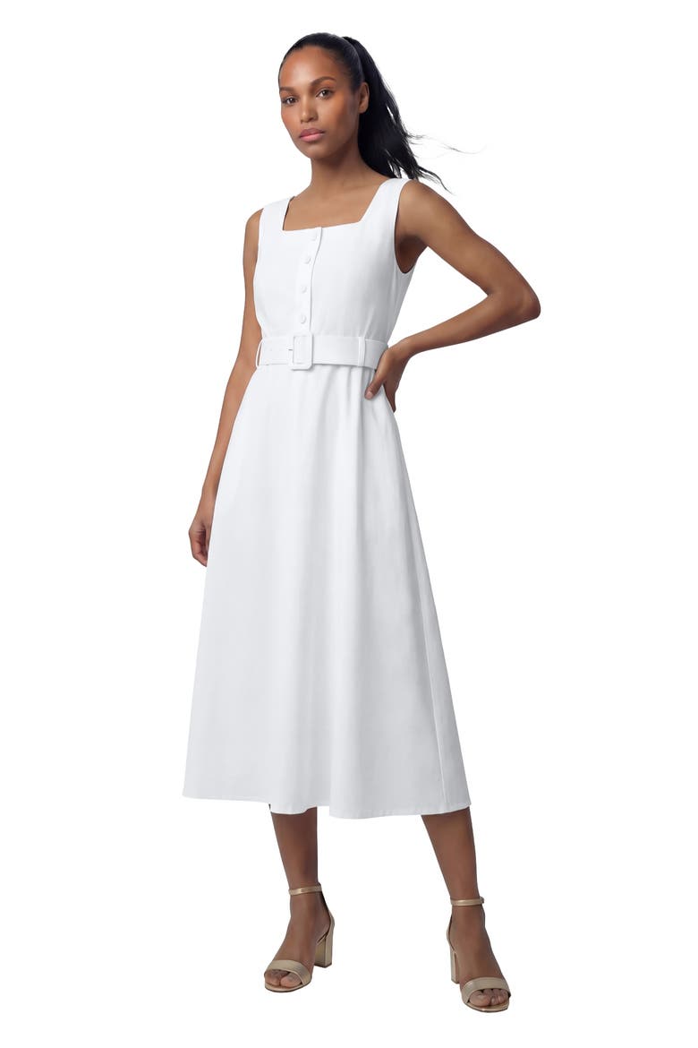 Belted Linen Midi Dress, Main, color, WHITE