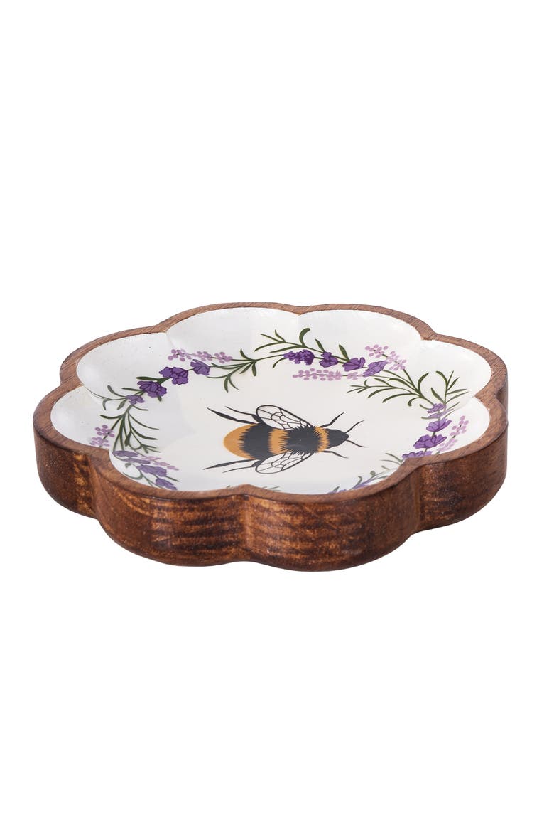 Lavender Floral Wreath & Bumble Bee Decorative Spring Wood Tray 8.66", Alternate, color, White