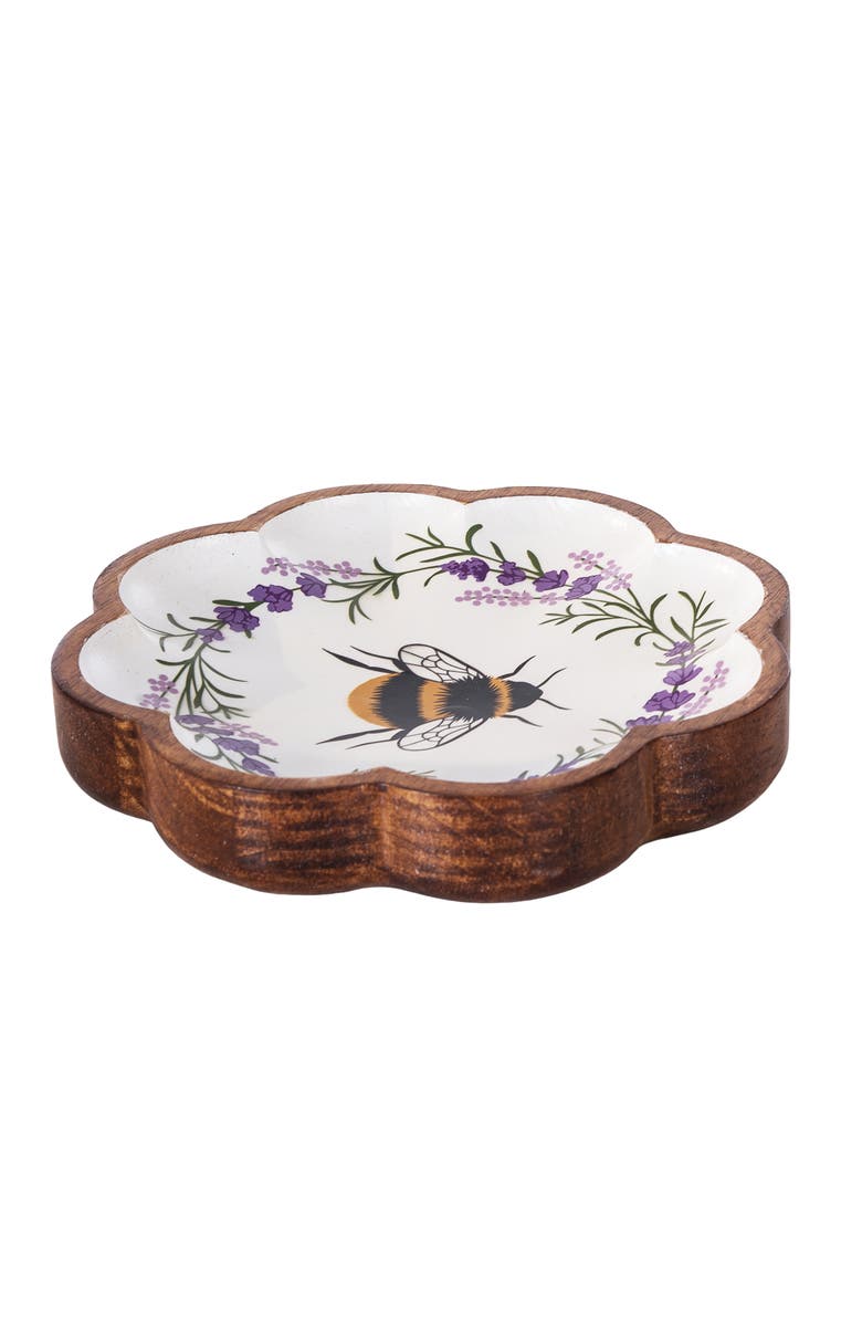 Gallerie II Lavender Floral Wreath & Bumble Bee Decorative Spring Wood Tray 8.66", Alternate, color, White