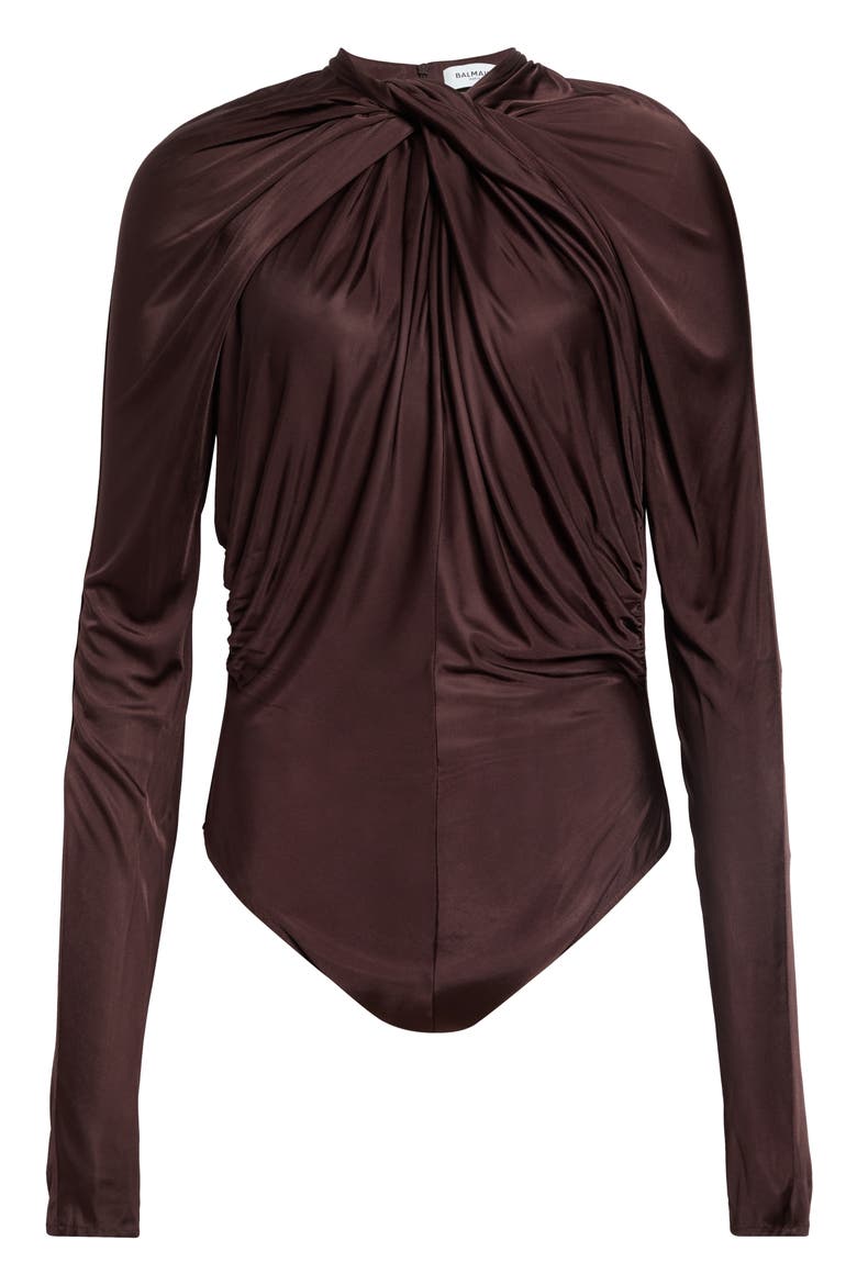 Twist Detail Long Sleeve Viscose Jersey Bodysuit, Alternate, color, A51 BROWN