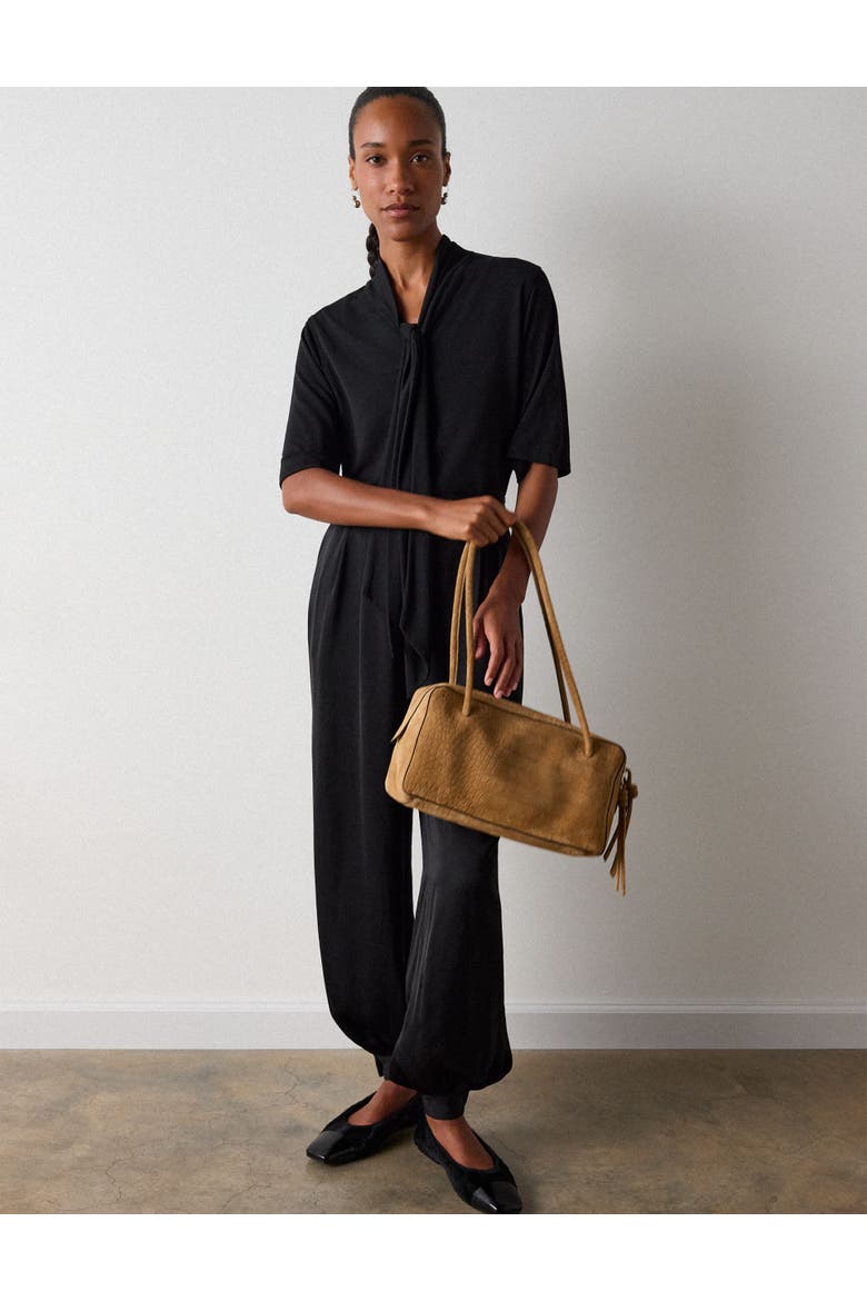 Short Sleeve Tie-Neck Jersey Top, Alternate, color, Black